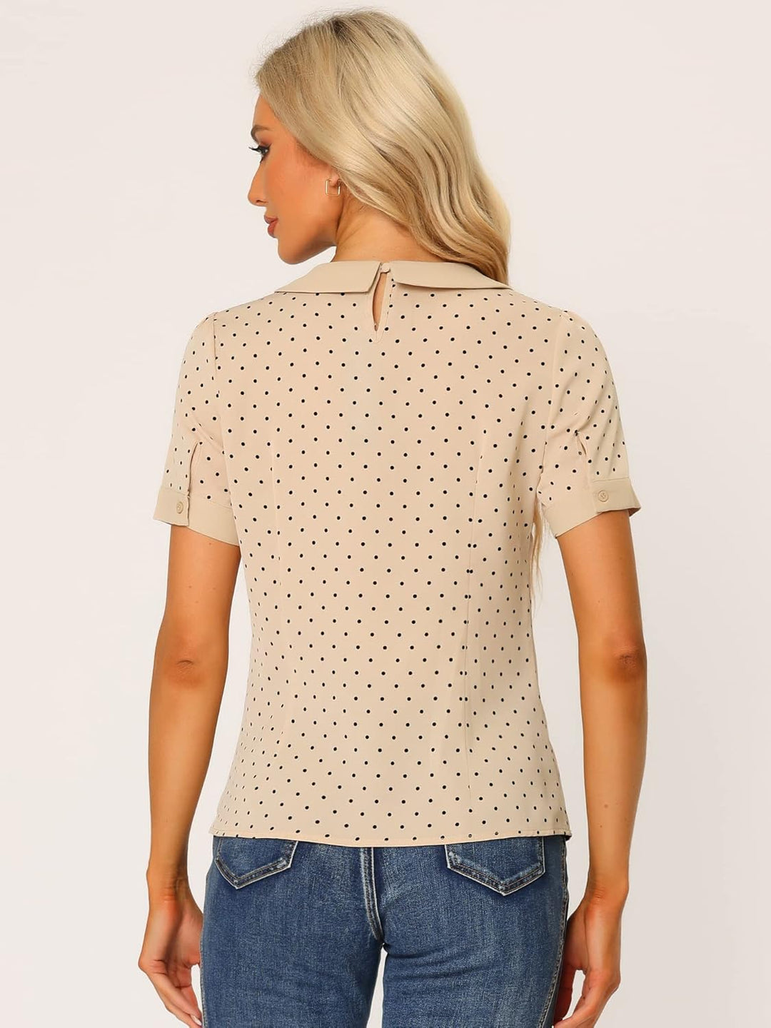 Allegra K Damen Kurzarm Bubikragen Punkte Oberteil Vintage Polka Dots Elegant Top Bluse M Dunkelbeig