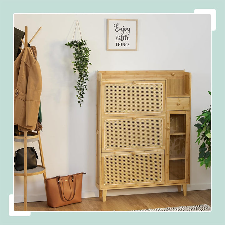 Relaxdays Schuhschrank, 5 Fächer, Bambus Schuhregal, 127x95x19 cm, für 9 Paar, 3 Klappen, schmaler S