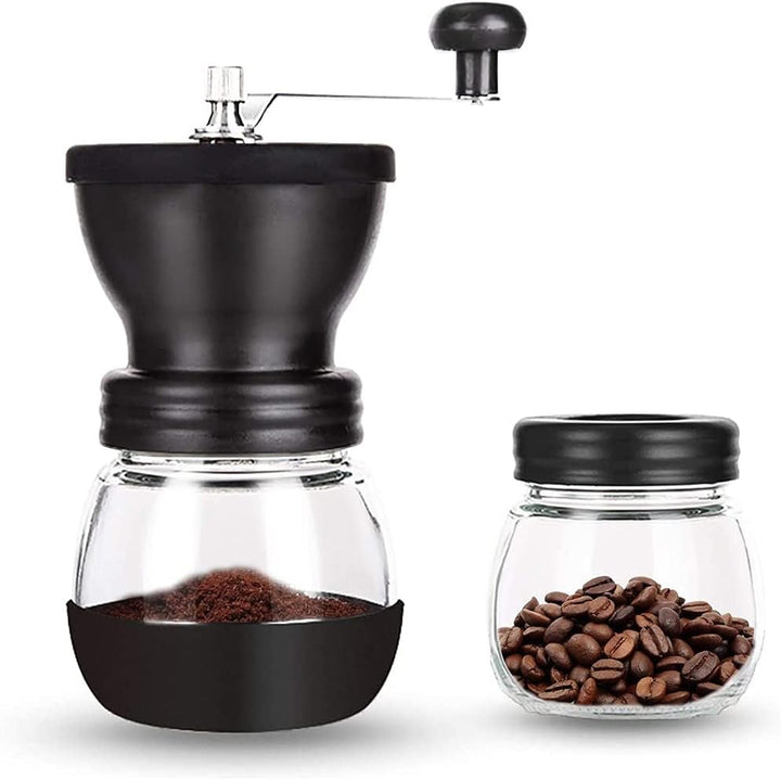Manuelle Kaffeemühle mit Keramik-Frässtiften, 350 ml,Glasdosen, Silikonabdeckung und Edelstahlgriff,