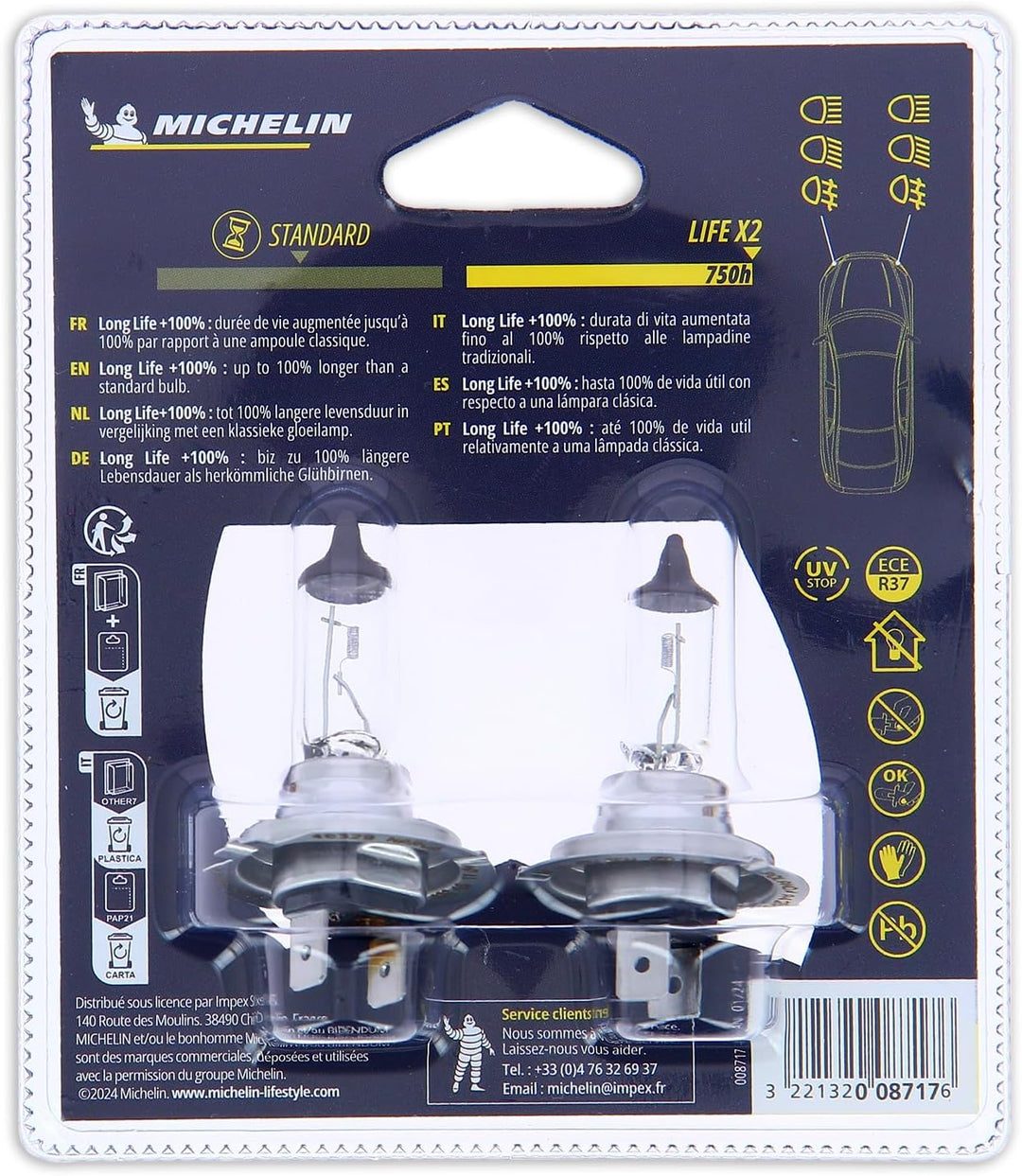 Michelin 008717 Life +100% 2 Glühlampe H7 12 V 55W Einzigartig, Einzigartig
