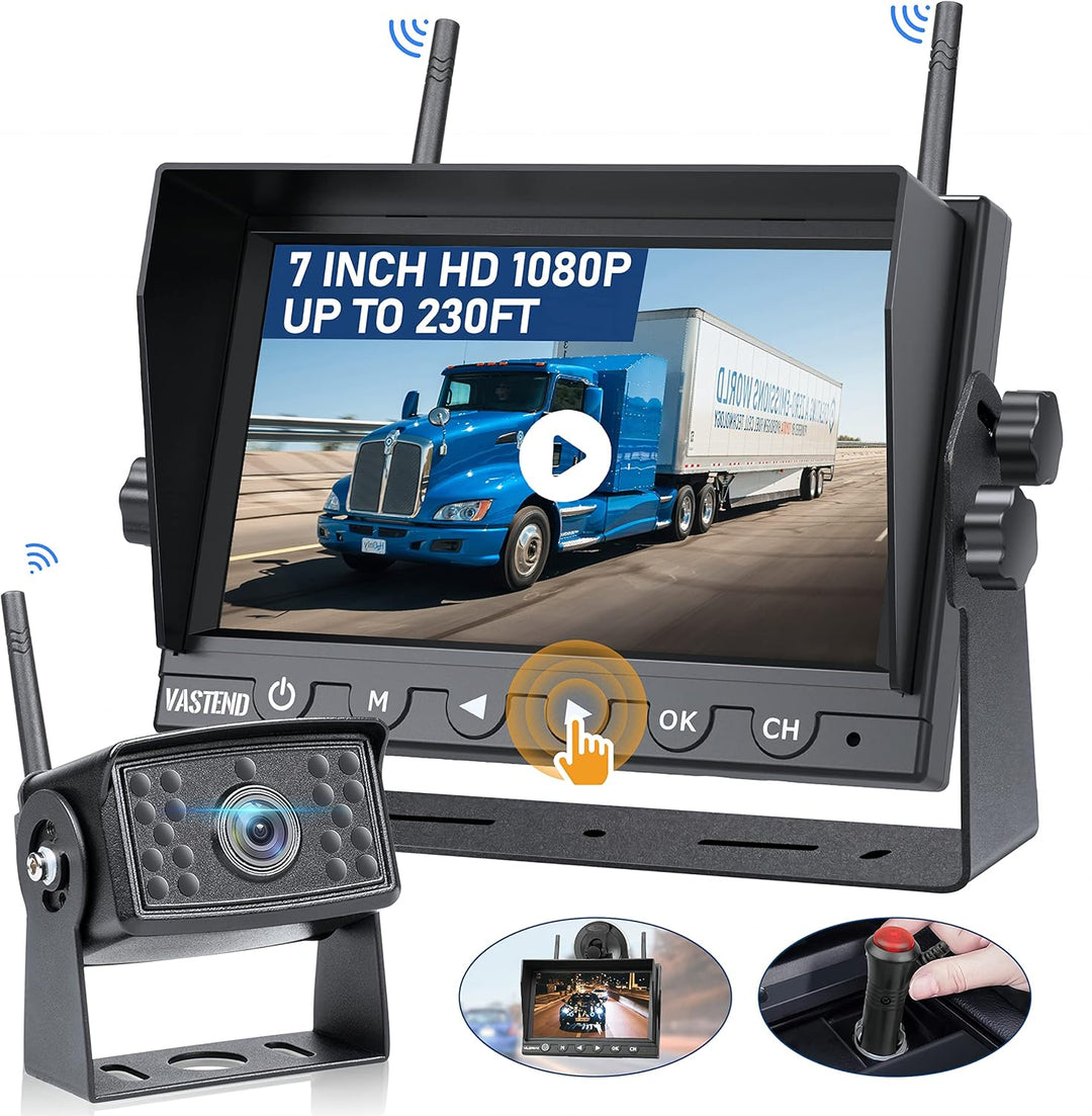 VASTEND V01 Kabellos Rückfahrkamera Set HD 1080P 7'' Monitor & IP69 wasserdichte Backup Kamera Stabi