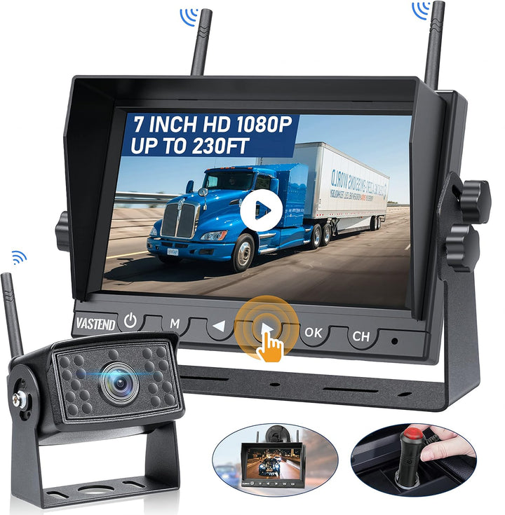 VASTEND V01 Kabellos Rückfahrkamera Set HD 1080P 7'' Monitor & IP69 wasserdichte Backup Kamera Stabi