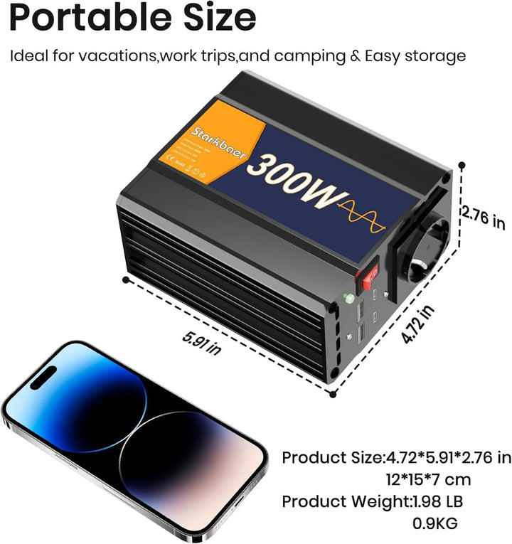 300W/600W Wechselrichter Reiner Sinus 12V auf 230V Spannungswandler, Pure sine Auto Inverter, 4X USB