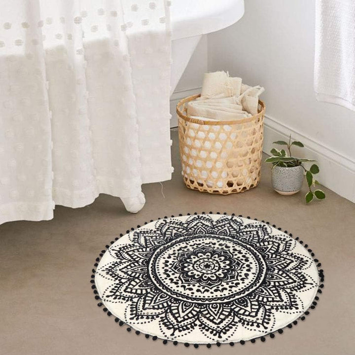 Uphome 60 cm runder kleiner Flächenteppich mit schickem Bommel Fransen Luxus Mandala Boho Samt Badez