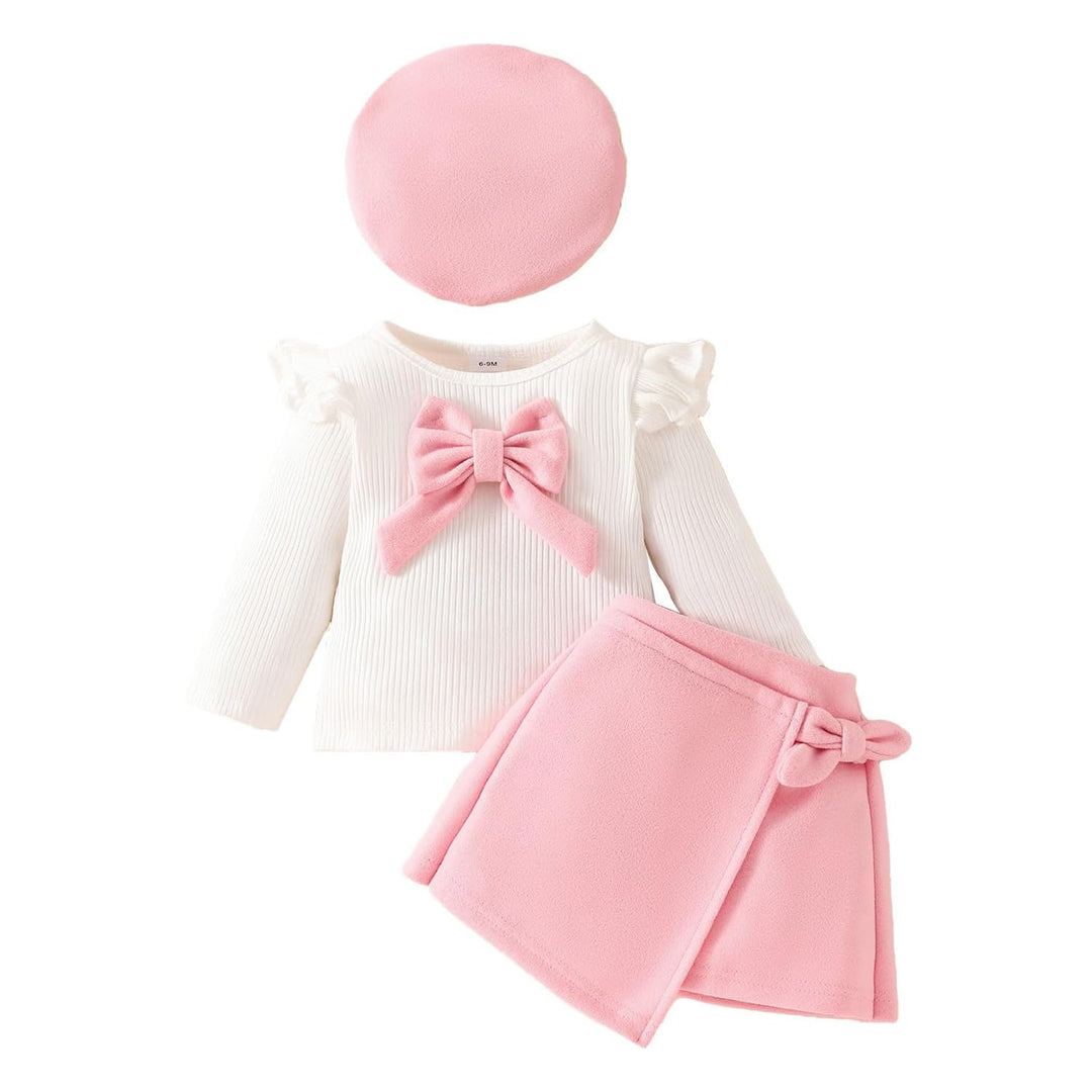 Kleinkind Baby Mädchen Outfits Rüschenärmel Gestrickt Bowknot Shirt + Elegant Mini Rock+ Baskenmütze