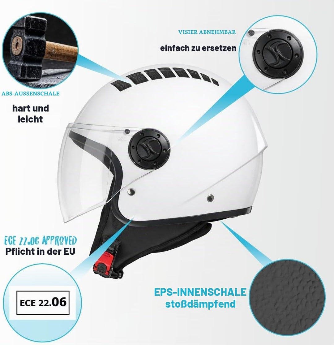 VINZ Como Jethelm mit Visier ECE 22.06 Zertifiziert | Roller Helm Mopedhelm Für Motoroller &amp; Vespa |