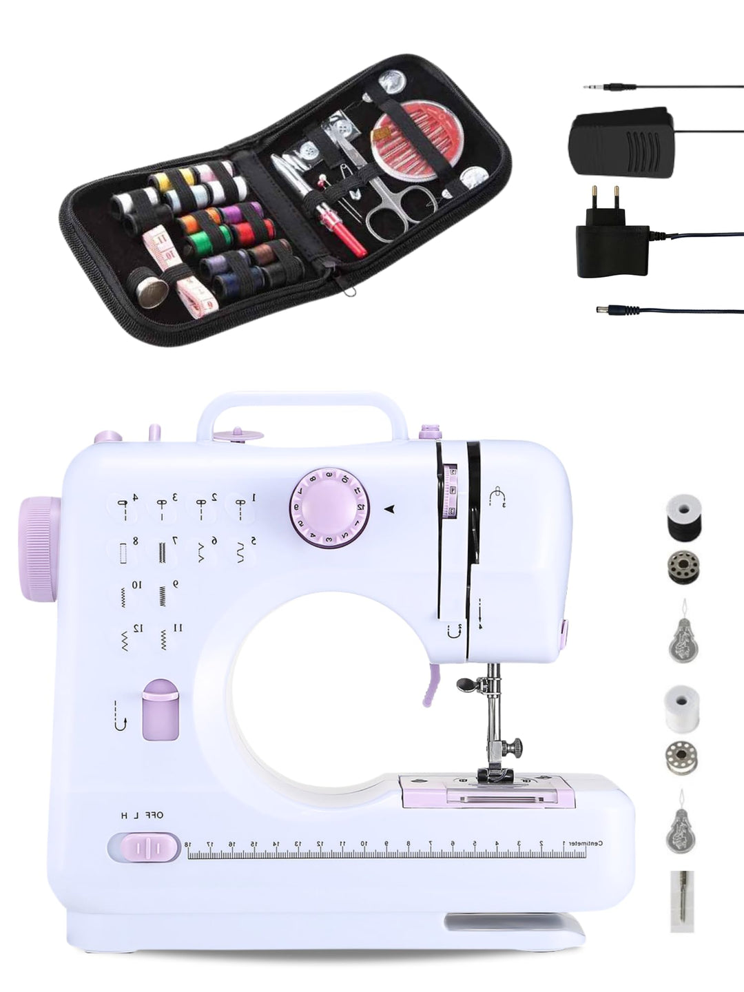 Kompakte Nähmaschine mit 2 Geschwindigkeiten und 12 Stichen, inklusive Nähset, Fusspedal, 2 Spulen,