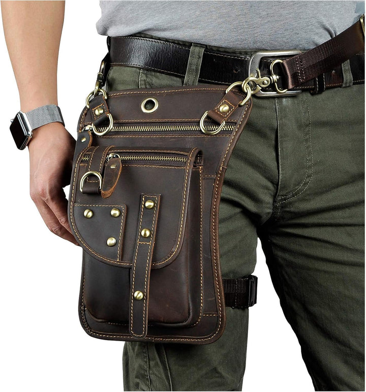 Le'aokuu Herren Echtes Leder Tasche Hüfttasche Beinbeutel Kleines Haken Tasche Messenger Bag