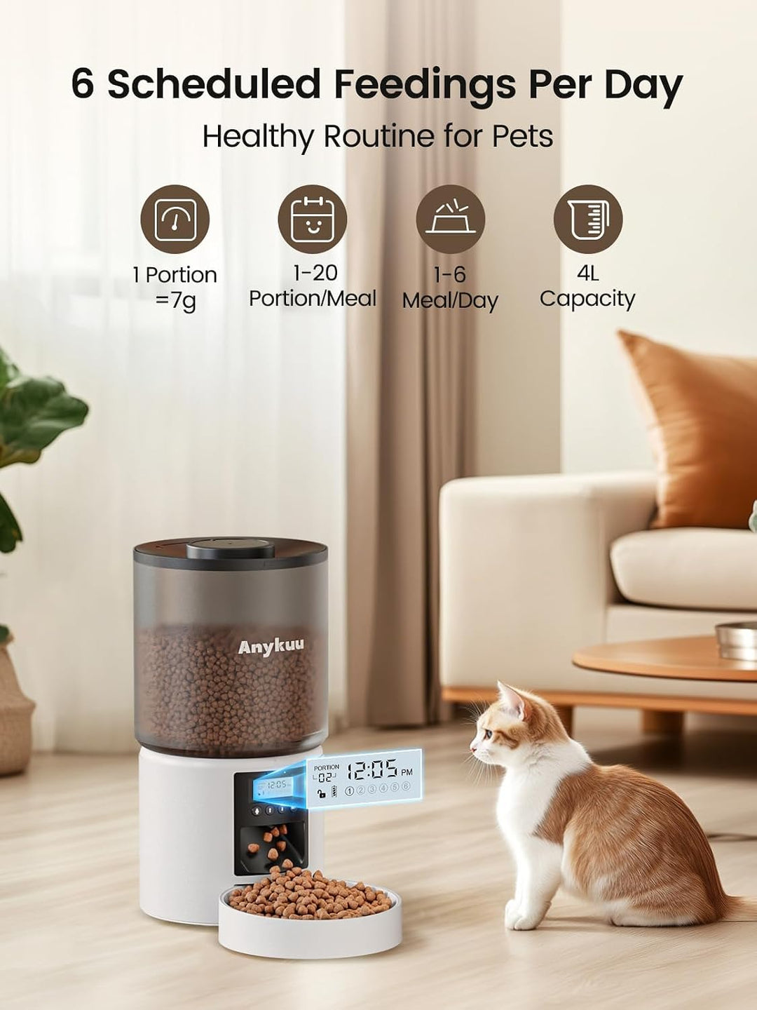 Anykuu Futterautomat Katze &amp; Hund 4L Pet Feeder Cat mit Timer &amp; Portionskontrolle 1-6 Mahlzeiten pro