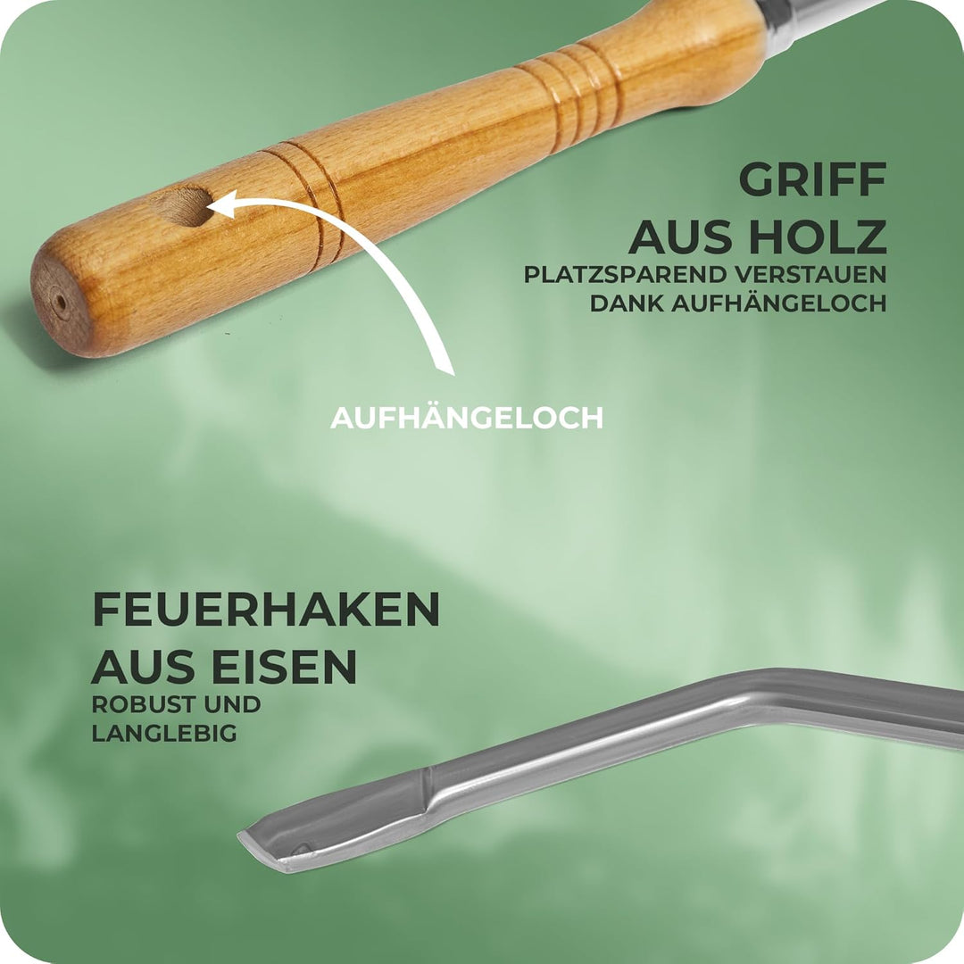 Kaminzubehör Set aus Stocheisen Aschenkratzer Feuerhaken mit Holzgriff Kaminbesteck Schüreisen Schür