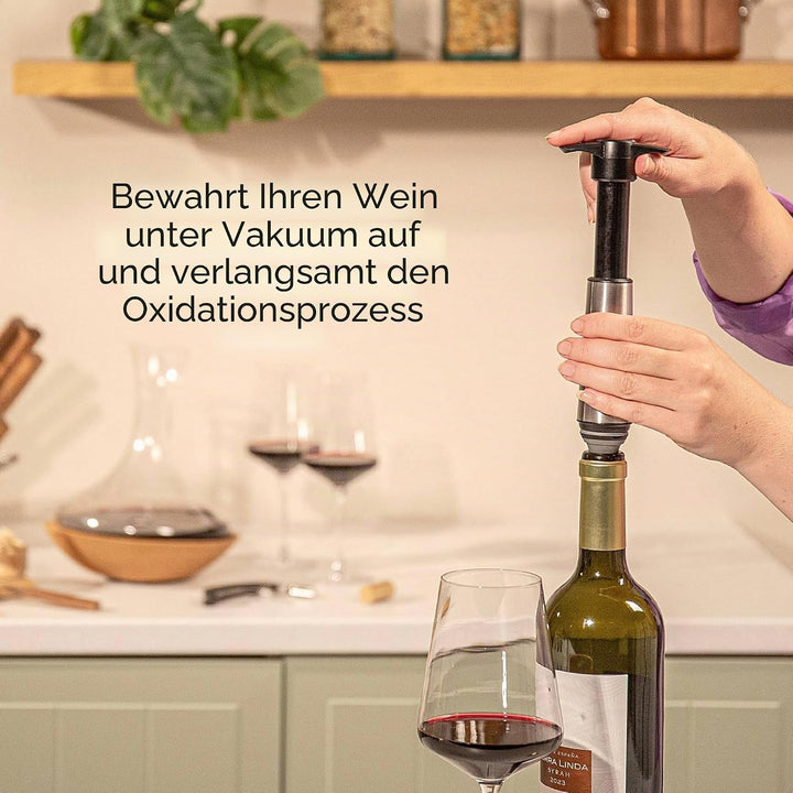 Vacu Vin Weinpumpe Edelstahl mit 2 Vakuumstopfen – Premium Wein Konservierer – Handpumpe zur Luftent