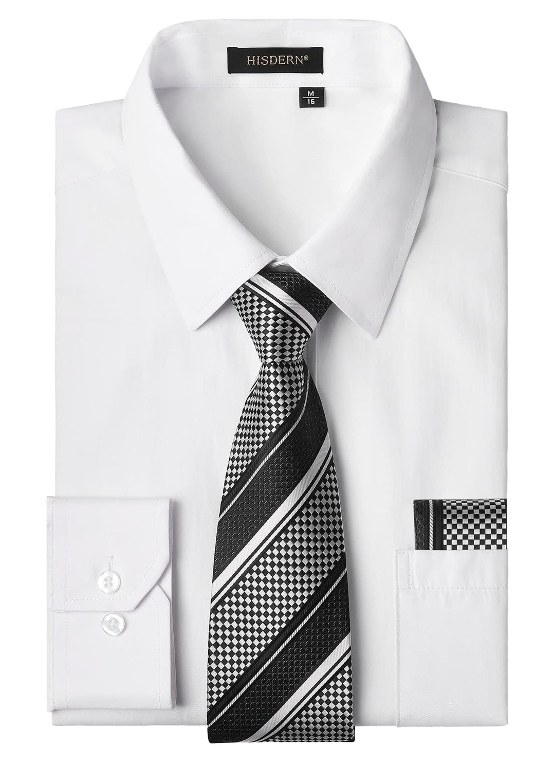 HISDERN Herren Hemd Langarm Einfarbige Hemden mit Krawatte und Taschentuch Formelle Businesshemd Hoc