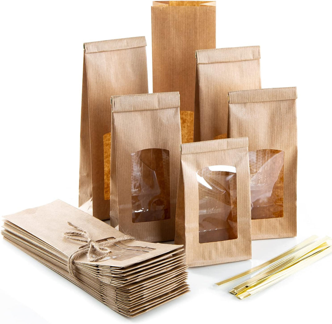 Logbuch-Verlag 100 braune Papiertüten mit Fenster & Folieneinlage - Beutel zum Befüllen mit Verschlu