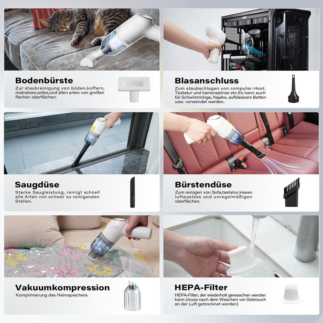 APPS2Car Handstaubsauger 3-in-1,12000Pa Auto Staubsauger Stark, Aufladbar Tragbar Leicht Handstaubsa