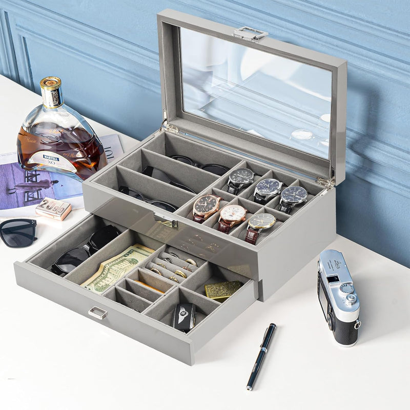 ProCase Uhrenbox Brillenbox aus Holz Uhr Brillen Aufbewahrungsbox Uhrenkasten Sonnenbrillenbox mit G