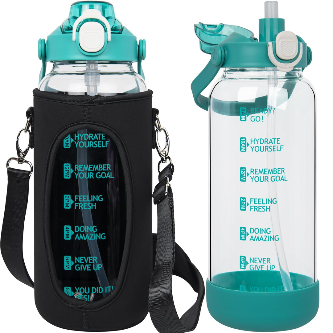 Seekua 2l Trinkflasche Glas Flasche mit Strohhalm & Zeitmarkierung, 2 liter Wasserflasche mit Frücht