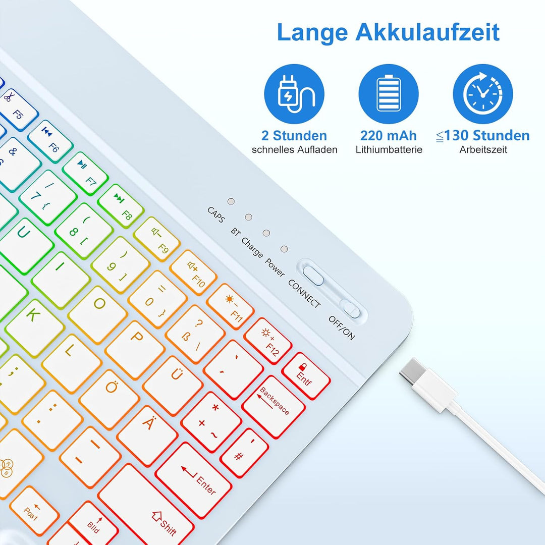 MMK Bluetooth-Tastatur, Deutsches QWERTZ-Layout mit 7-Farbiger Hintergrundbeleuchtung, Mini Wireless