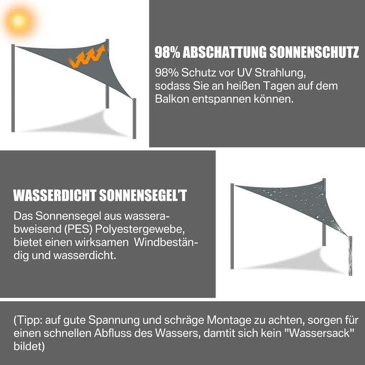 Sonnensegel Wasserdicht mit Befestigungs Kit, 2 x 3 m UV Schutz Sonnenschutz Segel für Garten, Balko