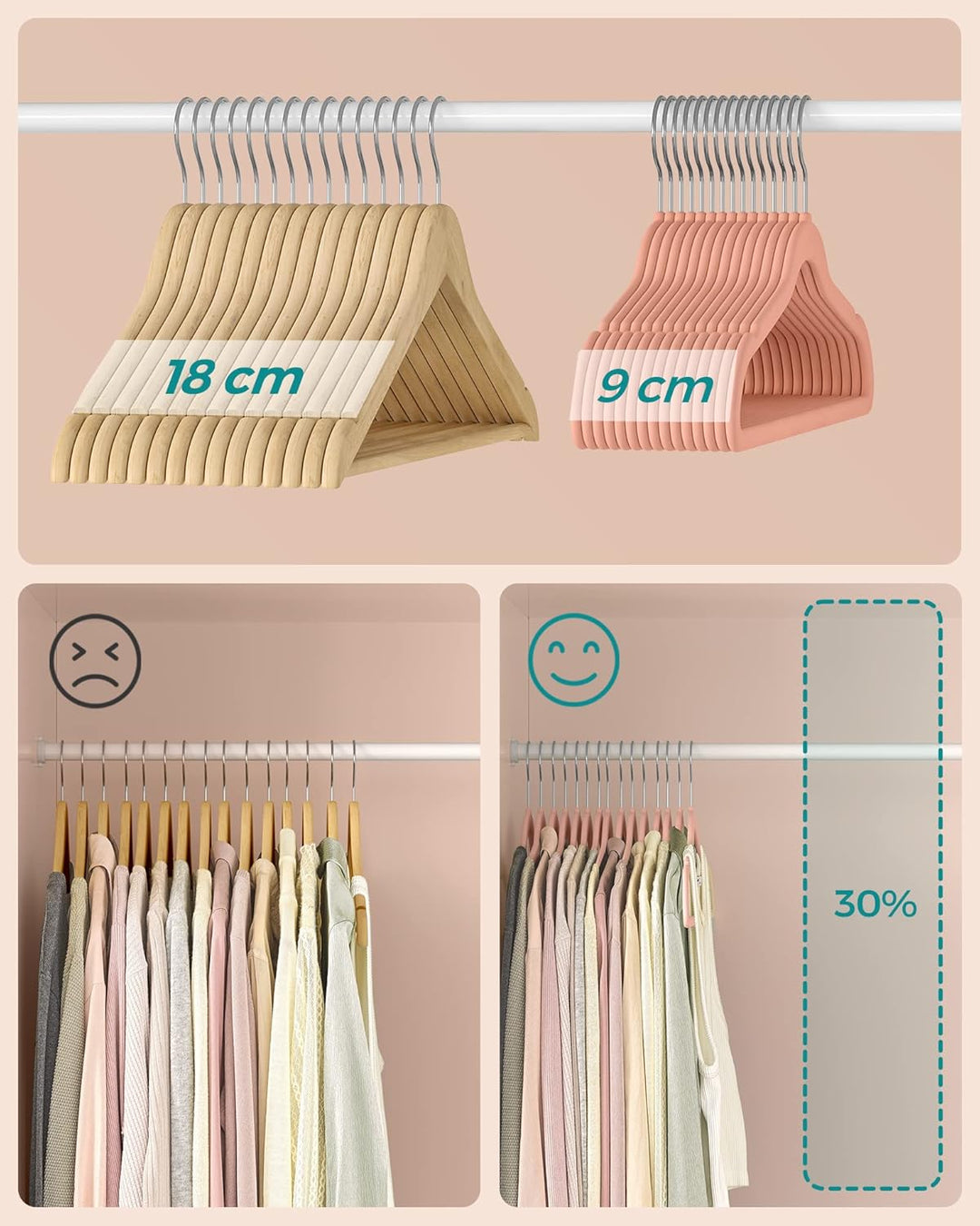 SONGMICS Kleiderbügel Samt, 30er Set, Bügel, Jackenbügel, 41,5 cm breit, Anzugbügel, dünn, gut belas