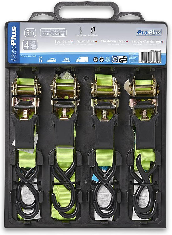 ProPlus 320205 Spanngurt mit Ratsche + 2 Haken, 5 Meter, Set mit 4 Stück, gelb/schwarz, de 4