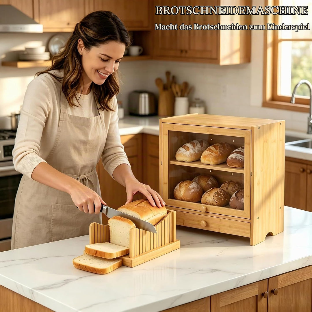 2 Stöckiger Brotkasten mit Schneidebrett, 38.5x36x25cm Natürlicher Bambus Brotbox mit Fenster für Kü