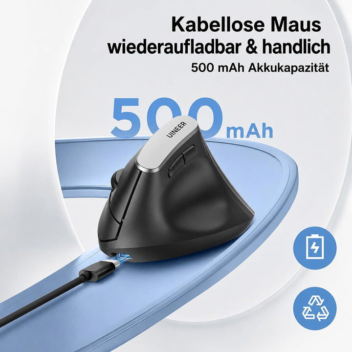 Ergonomische Maus Kabellos, 2,4GHz Vertikale Maus mit USB-Empfänger, Wiederaufladbar per USB-C, 4 DP