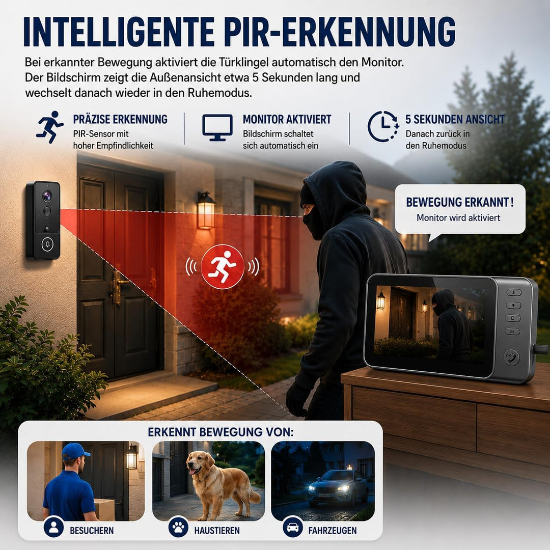 Video Türklingel mit Kamera, 4,3'' IPS Monitor, PIR Sensor, ohne WLAN & App | Livebild per Monitor,
