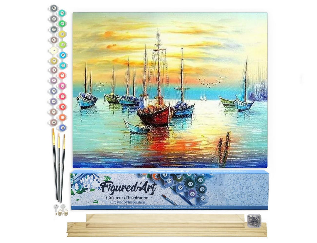 Figured'Art Malen Nach Zahlen Erwachsene Mit Rahmen Segelboote an der Küste - Paint by Numbers Baste