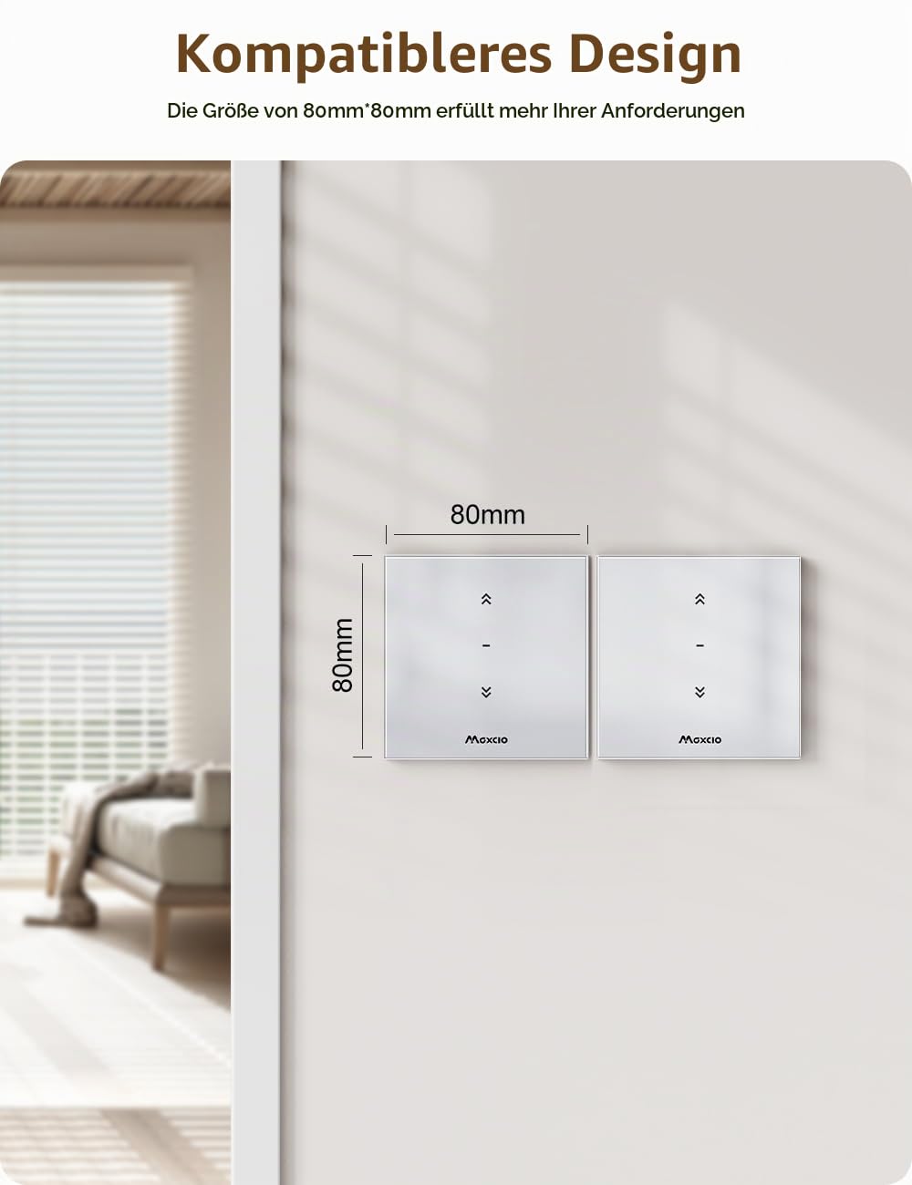 Maxcio Wlan Rolladenschalter mit Prozentfunktion, 80 x 80mm Smart Rolladensteuerung, Kompatibel mit