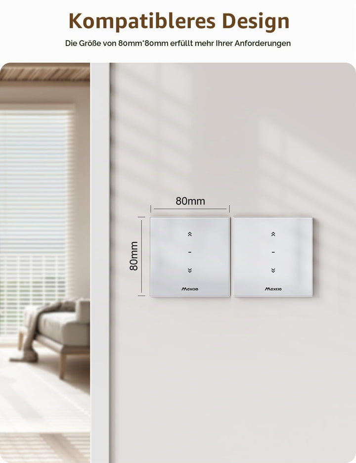 Maxcio Wlan Rolladenschalter mit Prozentfunktion, 80 x 80mm Smart Rolladensteuerung, Kompatibel mit