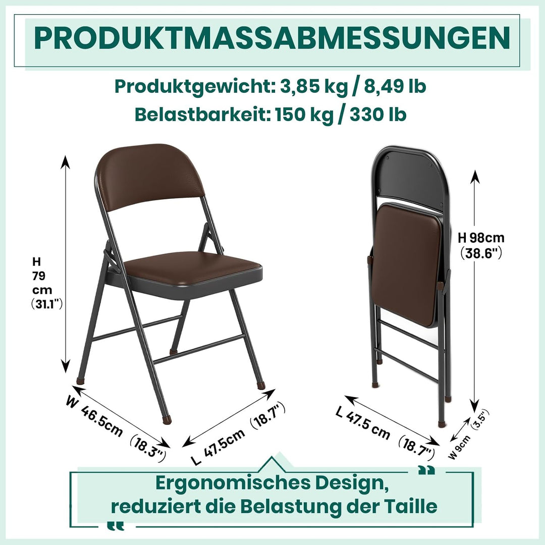 Klappstuhl 2er Set mit PU-Leder &amp; Polsterung, Stabiler Metallrahmen, Leicht &amp; Platzsparend, für Büro