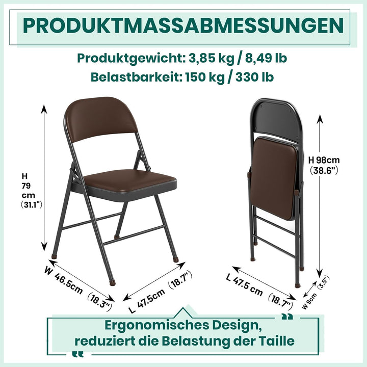 Klappstuhl 6er Set mit PU-Leder &amp; Polsterung, Stabiler Metallrahmen, Leicht &amp; Platzsparend, für Büro