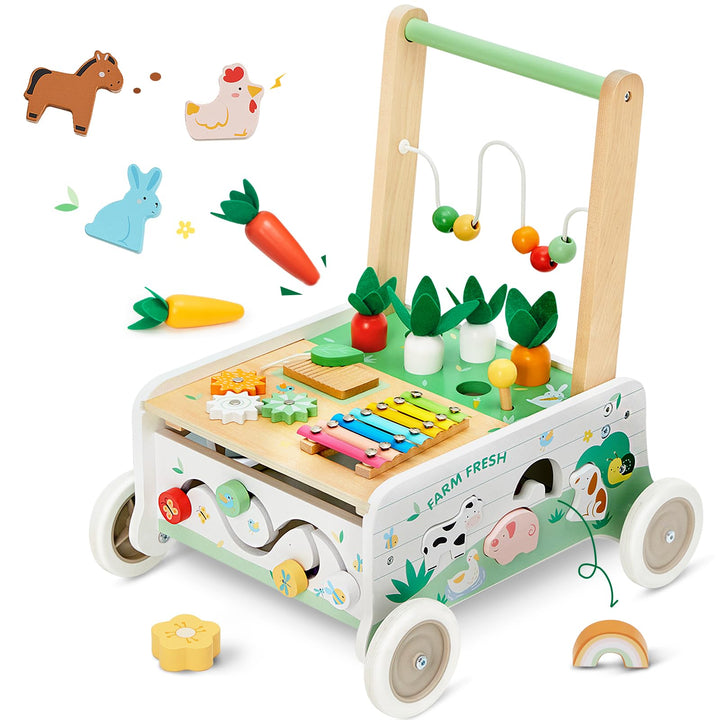 Labebe Lauflernwagen Holz,Baby Lauflernhilfe mit gummierten Holzrädern und Activity Center, Gehfrei