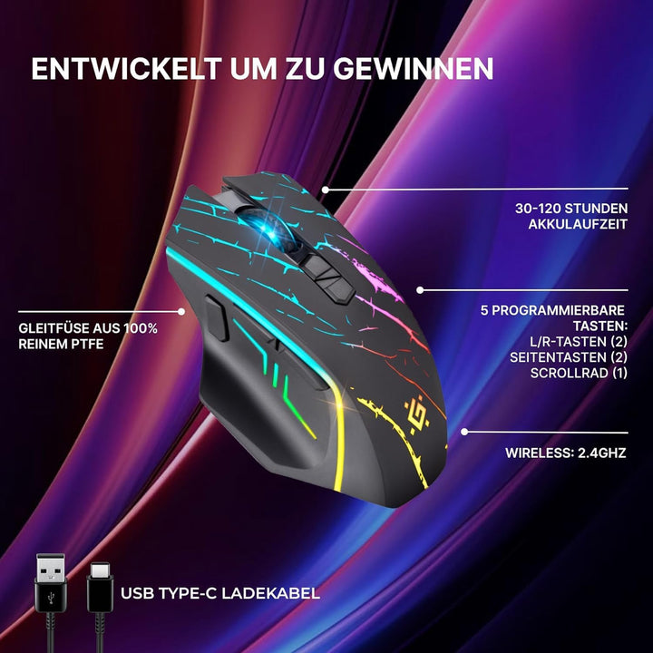 Defender® Uran Kabellose Gaming Maus – Wireless Funkmaus mit RGB, 3200 DPI, FIRE-Taste, 5 Tasten & 1