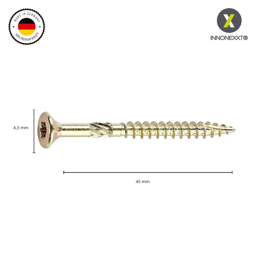 INNONEXXT® Premium Spanplattenschrauben | 4,5 x 45 mm | Fräsrippen | Cut-Spitze | Terrassenschrauben