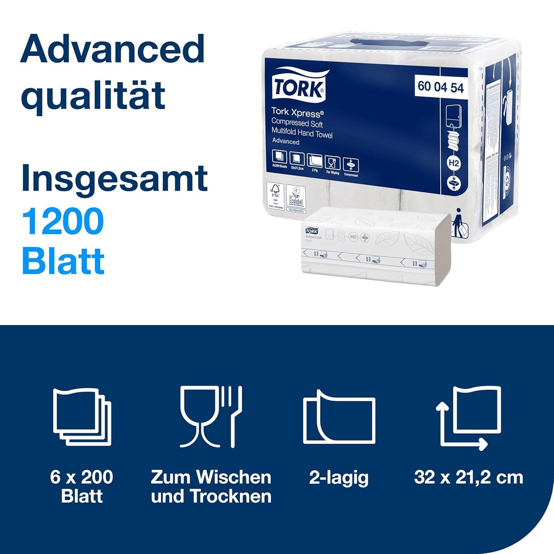 Tork Xpress komprimierte weiche Multifold-Papierhandtücher Weiss H2, Advanced, 2‑lagig, M‑Falz, saug