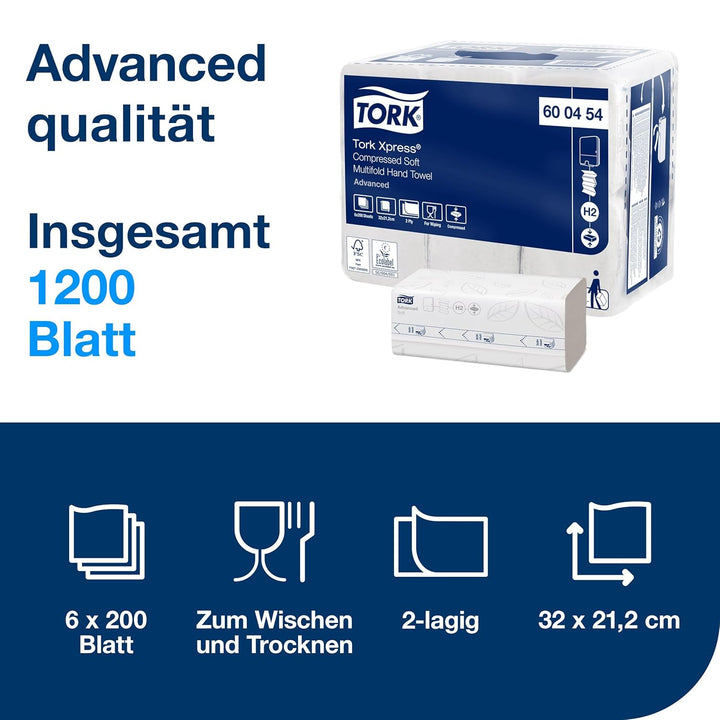 Tork Xpress komprimierte weiche Multifold-Papierhandtücher Weiss H2, Advanced, 2‑lagig, M‑Falz, saug