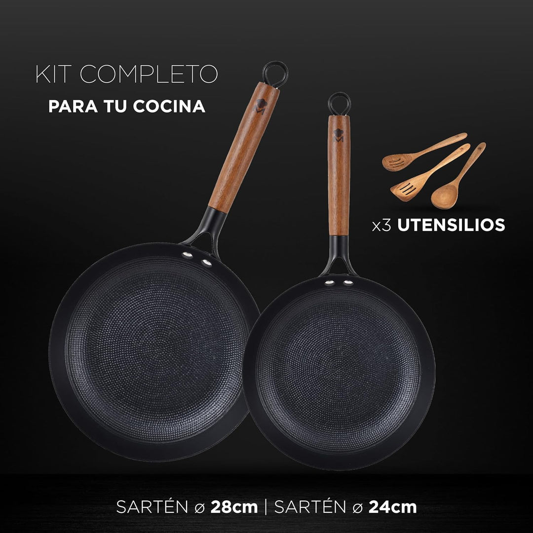 MasterPRO ODIN - Kochset: 24cm & 28cm Bratpfanne-3 Utensilien-Hochwertiges Gusseisen - Antihaftbesch