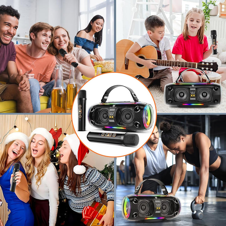 LILUOSUO Karaoke Maschine mit zwei drahtlosen Mikrofonlautsprechern, einem tragbaren Bluetooth PA-Sy