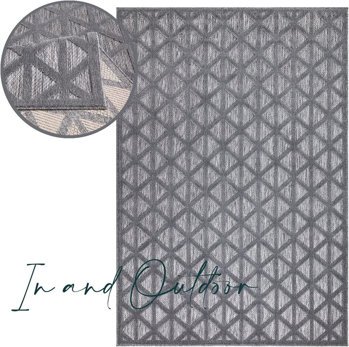 payé Teppich Wohnzimmer - Anthrazit 150x150cm - Raute Optik - Teppiche für Balkon Terrasse Garten -