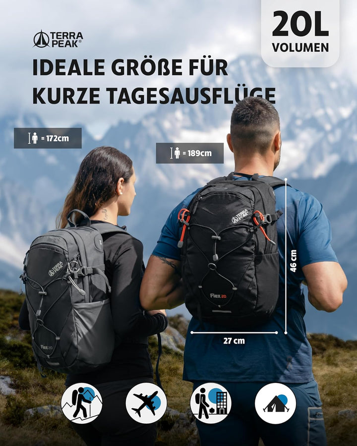 Terra Peak Wanderrucksack 20L Flex 20 Premium (klein) mit Rückenbelüftung, Trinksystem & Regenschutz