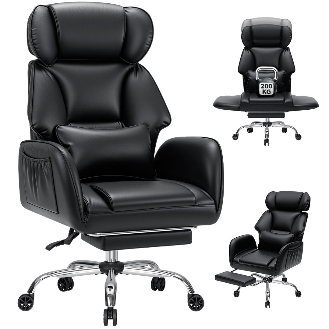 HOFFREE Schneidersitz Bürostuhl Ergonomischer Leder Chefsessel mit Fussstütze und Verstellbaren Arml