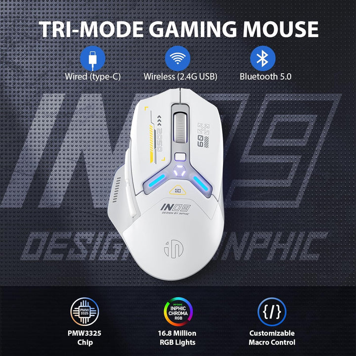 inphic IN9 Gaming Maus kabellos, echte Tri-Mode 2,4G Wireless/Type-C Wired/Bluetooth Maus, 10k DPl,