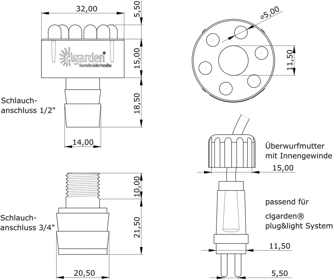 CLGarden Springbrunnen Pumpe Set SP3-S für Zierbrunnen mit 3 Wasserausläufen 3er Ausgang LED Beleuch