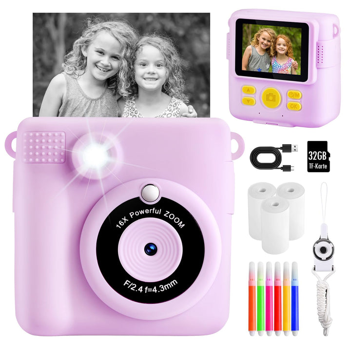 Kinderkamera, Sofortbildkamera ,1080P 2.4 Zoll Bildschirm Digitalkamera mit 16x Digitalzoom, 32GB TF