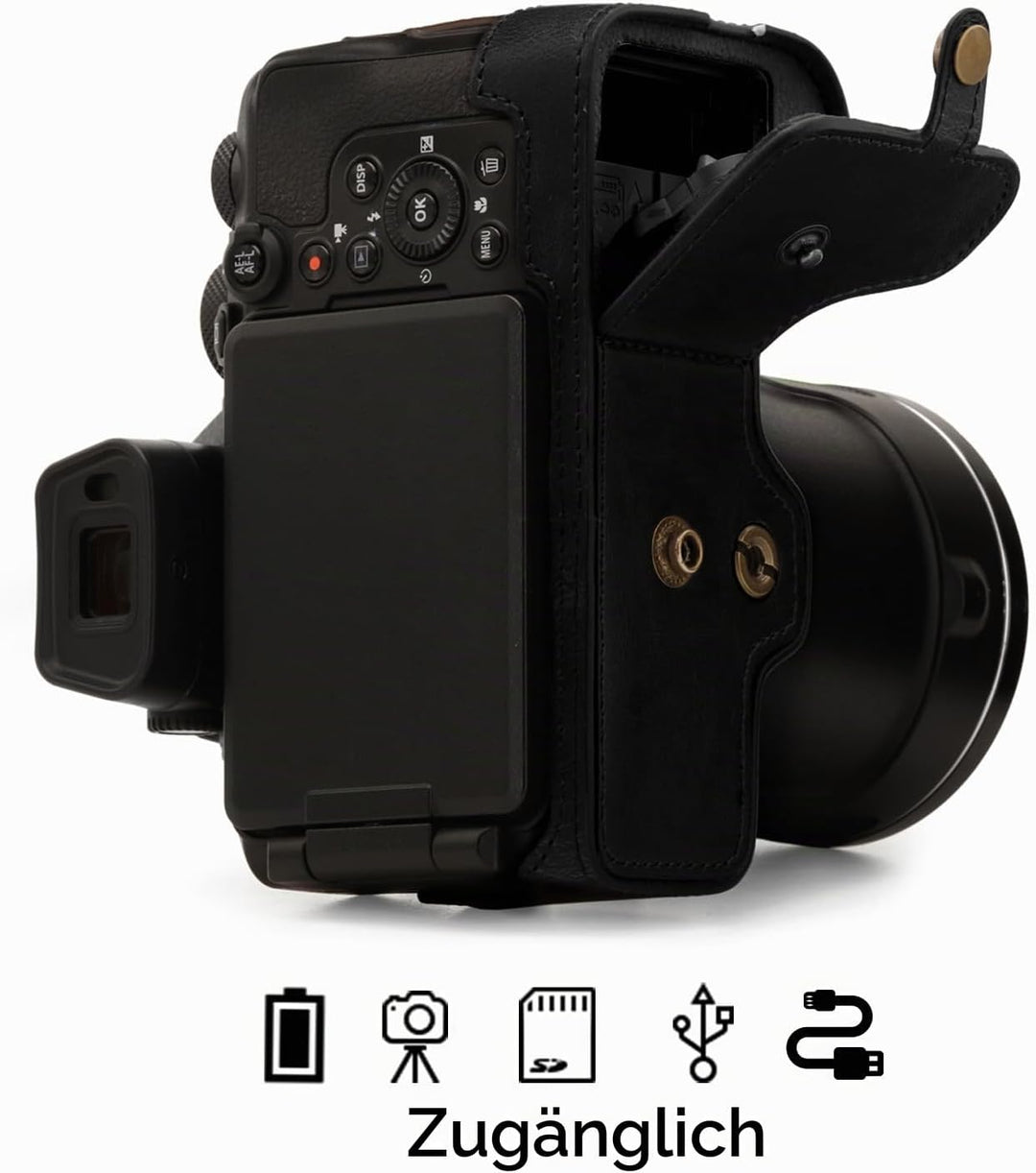 MegaGear Schutzhülle aus Kunstleder kompatibel mit Nikon Coolpix P950 - Schwarz, Schwarz