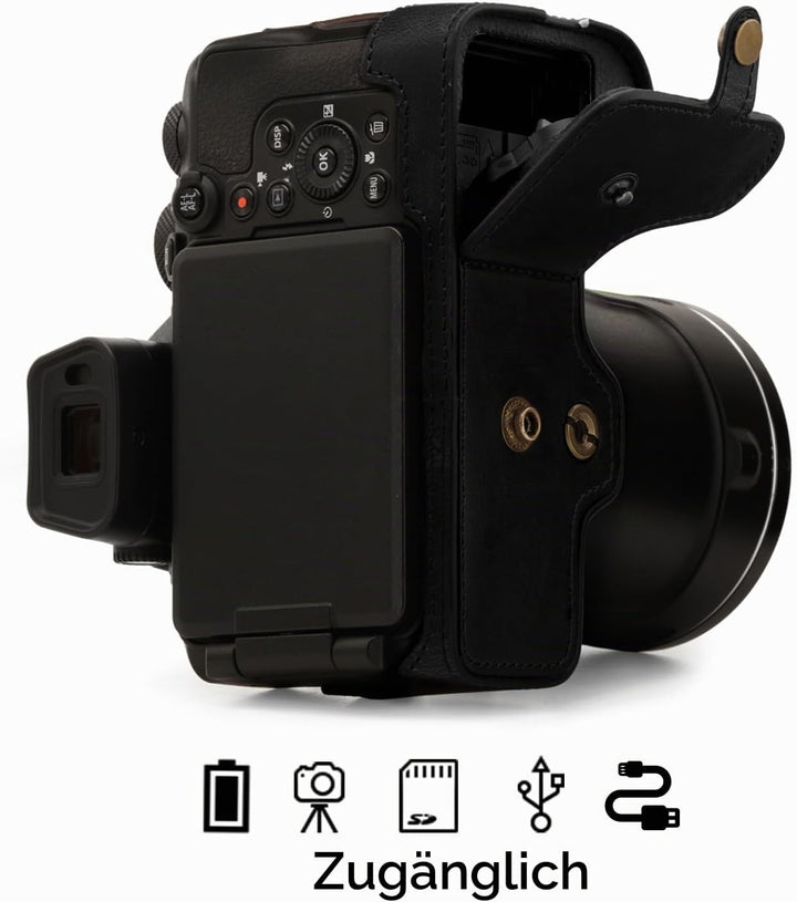 MegaGear Schutzhülle aus Kunstleder kompatibel mit Nikon Coolpix P950 - Schwarz, Schwarz