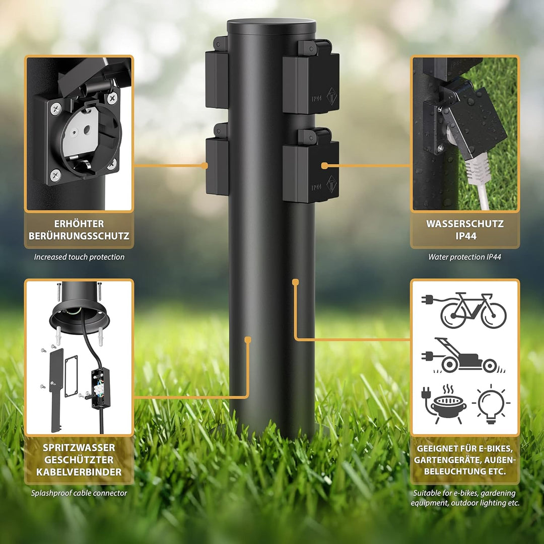 ledscom.de Garten-Steckdosen-Säule PORU mit Erdspiess und 2m Kabel für aussen, 4-Fach, Edelstahl, sc
