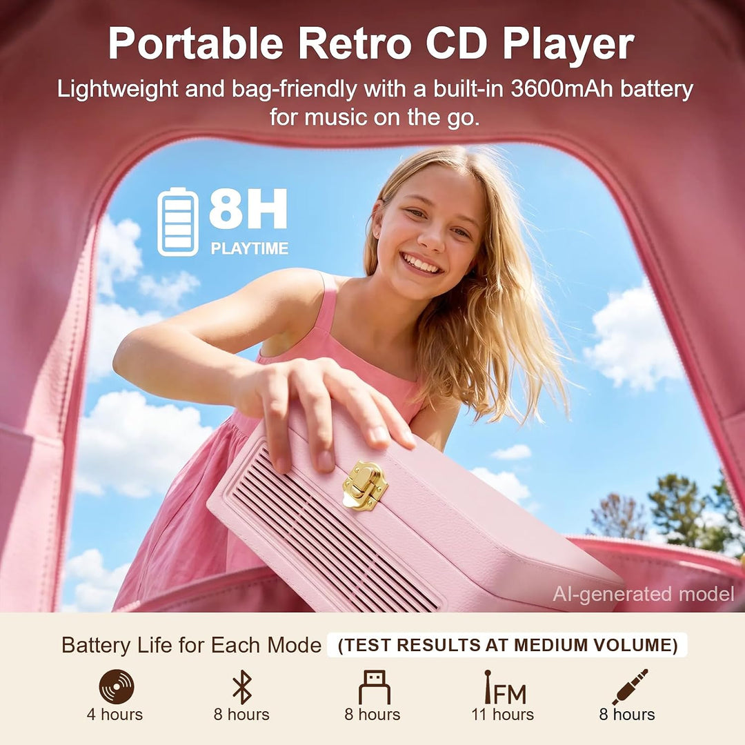 Gueray Tragbarer Bluetooth CD-Player mit Lautsprechern 3600mAh Wiederaufladbarer Vintage CD Spieler