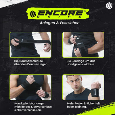 Encore Grips® Handgelenk Bandagen für Bodybuilding, Kraftsport, Crossfit, krafttraining Bandage, Han